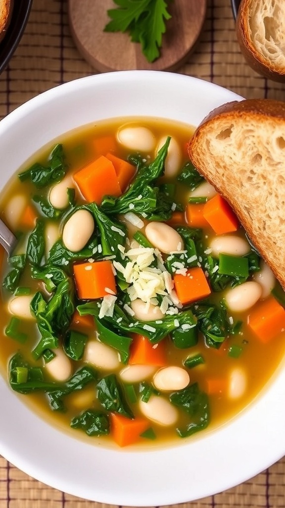A bowl of kale and white bean soup with carrots and Parmesan cheese, served with crusty bread on a rustic table.